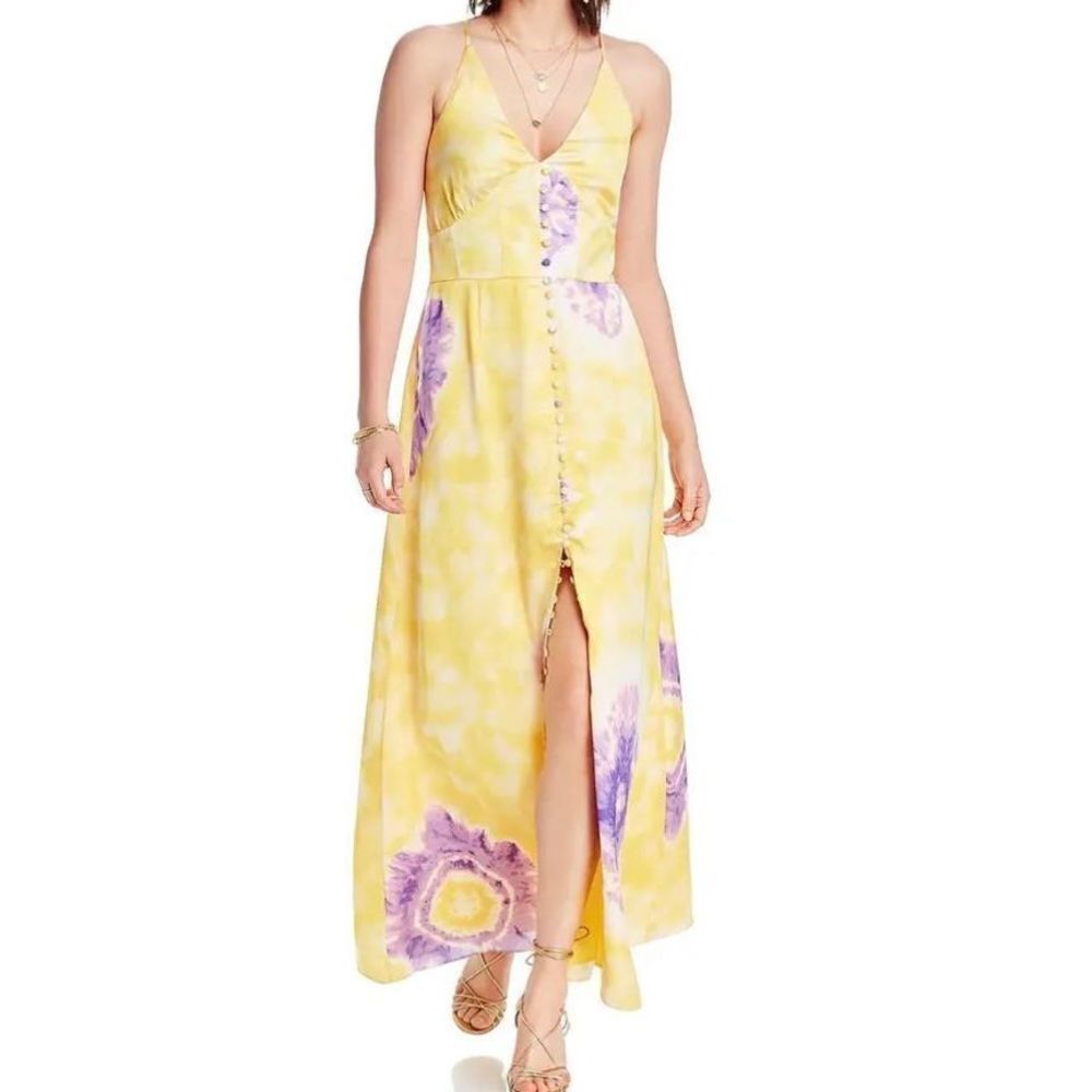 LINI Womens Noelle Yellow V Neck Printed Floral Maxi Dress S Small